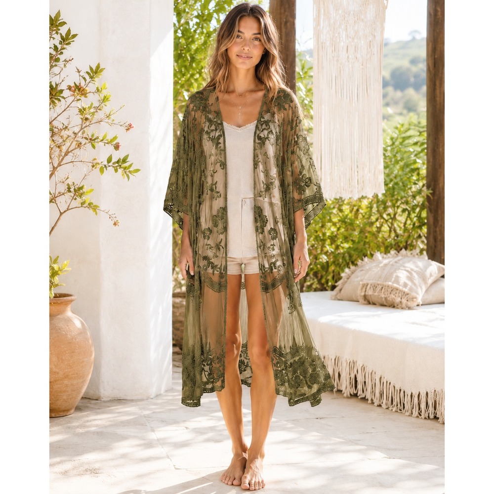 Dizzy Lizzy Olive Green Embroidered Mesh Kimono Womens S Sheer Boho Duster
